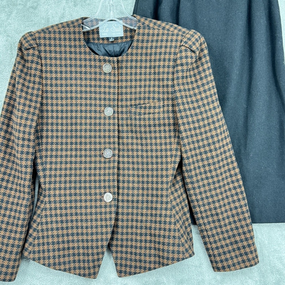 La Suit Skirt Suit Womens 6 Houndstooth Wool Blend Retro Button Peplum Preppy